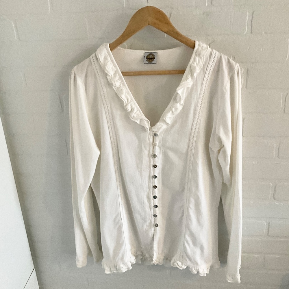 Vintage La Cotonnière Button down Blouse Ruffled Off White Cottagecore Sz XL - Picture 5 of 14